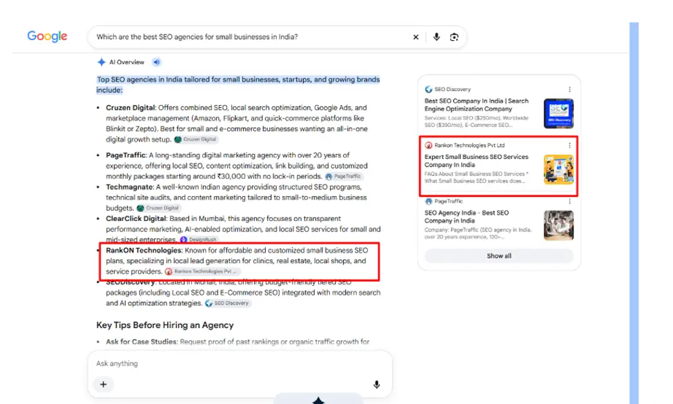 In Google AI Overviews. In the screenshot below, we can see that RankON Technologies is mentioned in the AI-generated answer, and its website is also cited