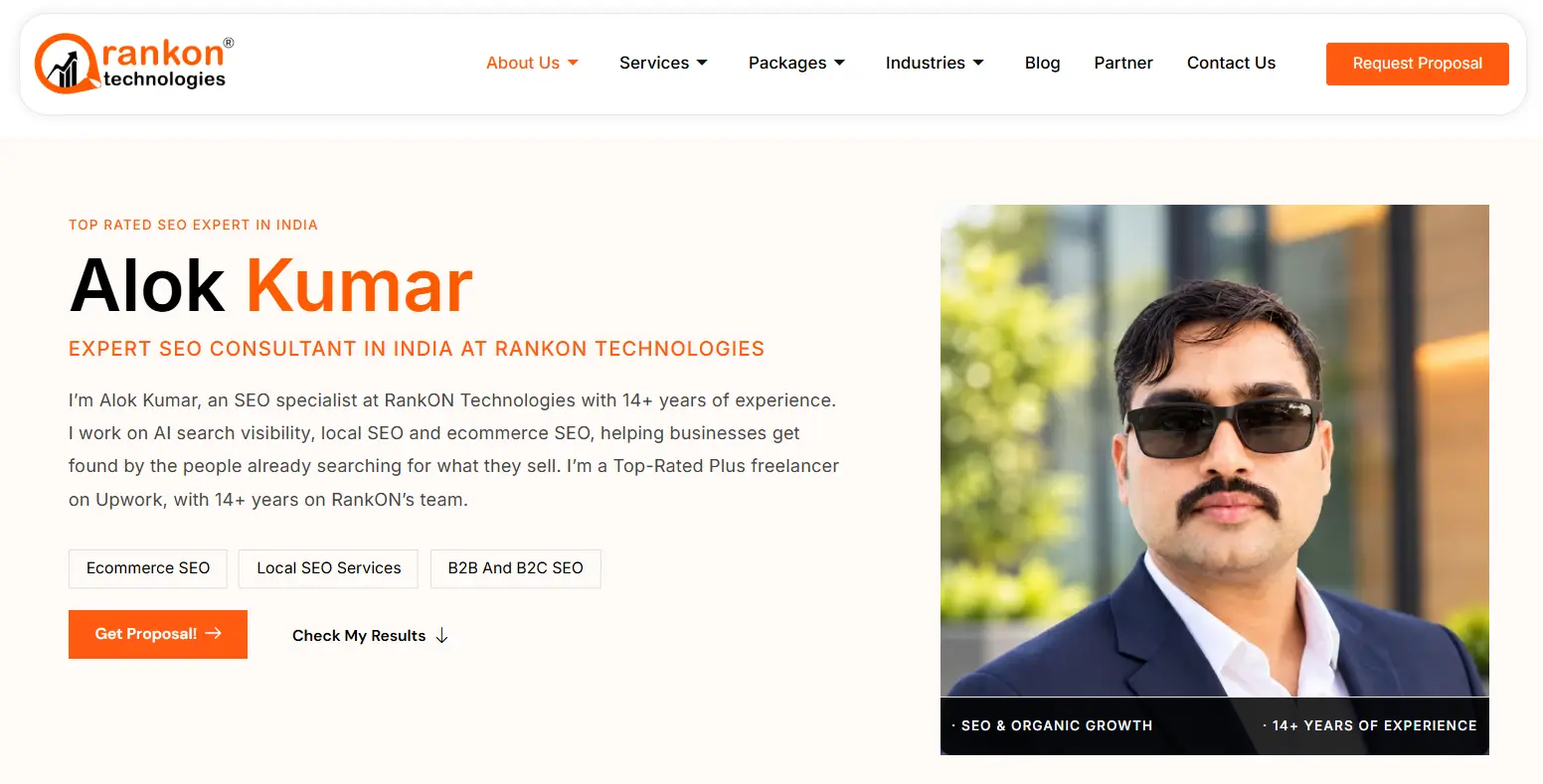 In the screenshot below, Alok Kumar is identified as an SEO specialist at RankON Technologies with 14+ years of experience