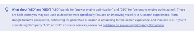 “Google confirms that AEO and GEO are part of SEO, as optimizing for AI search is still SEO. “