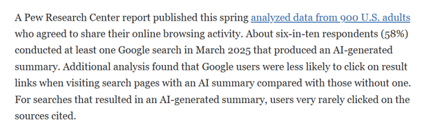 They clicked a link inside the summary in only 1% of visits. Remember, this is US data from March 2025, so treat it as a direction, not a law.