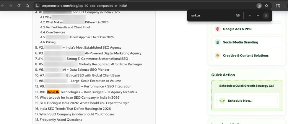 SERPMonsters, top 10 SEO companies in India. We searched the page for rankon to find our listing.