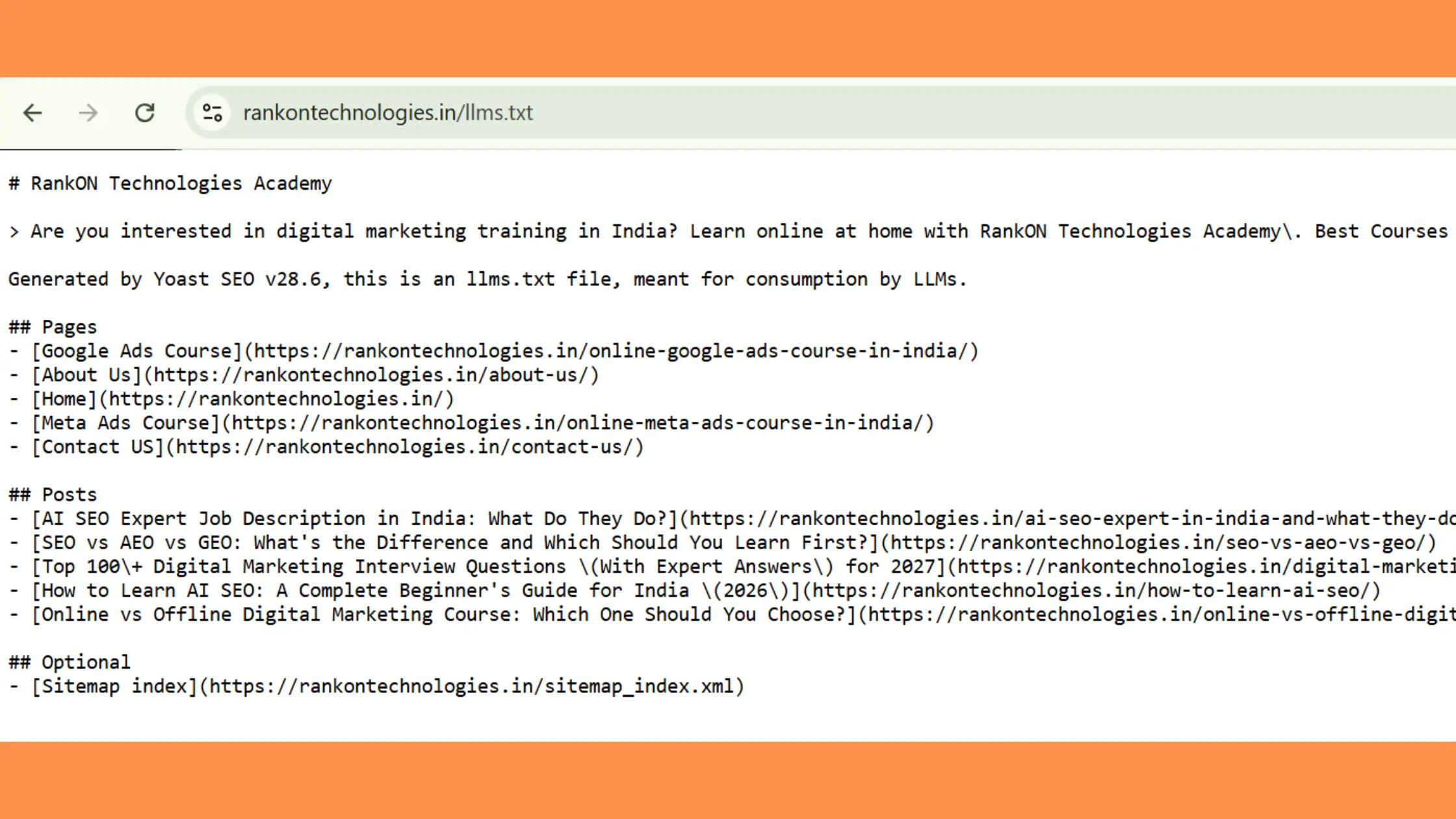 What Does an llms.txt File Look Like (RankON Technologies Academy Real Example)