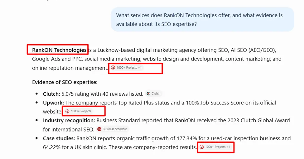 What services does RankON Technologies offer, and what evidence is available about its SEO expertise