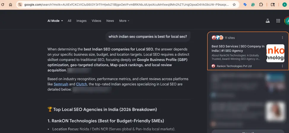 Which Indian seo companies are best for local seo? In Google AI Mode, the orange box shows our website in the source card.