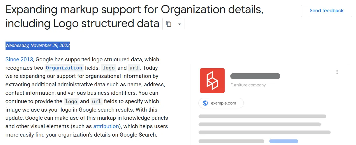 announced expanded support for Organization markup