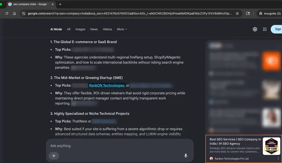 seo company India. Google AI Mode in an incognito window. The orange box shows our website in the sources card.